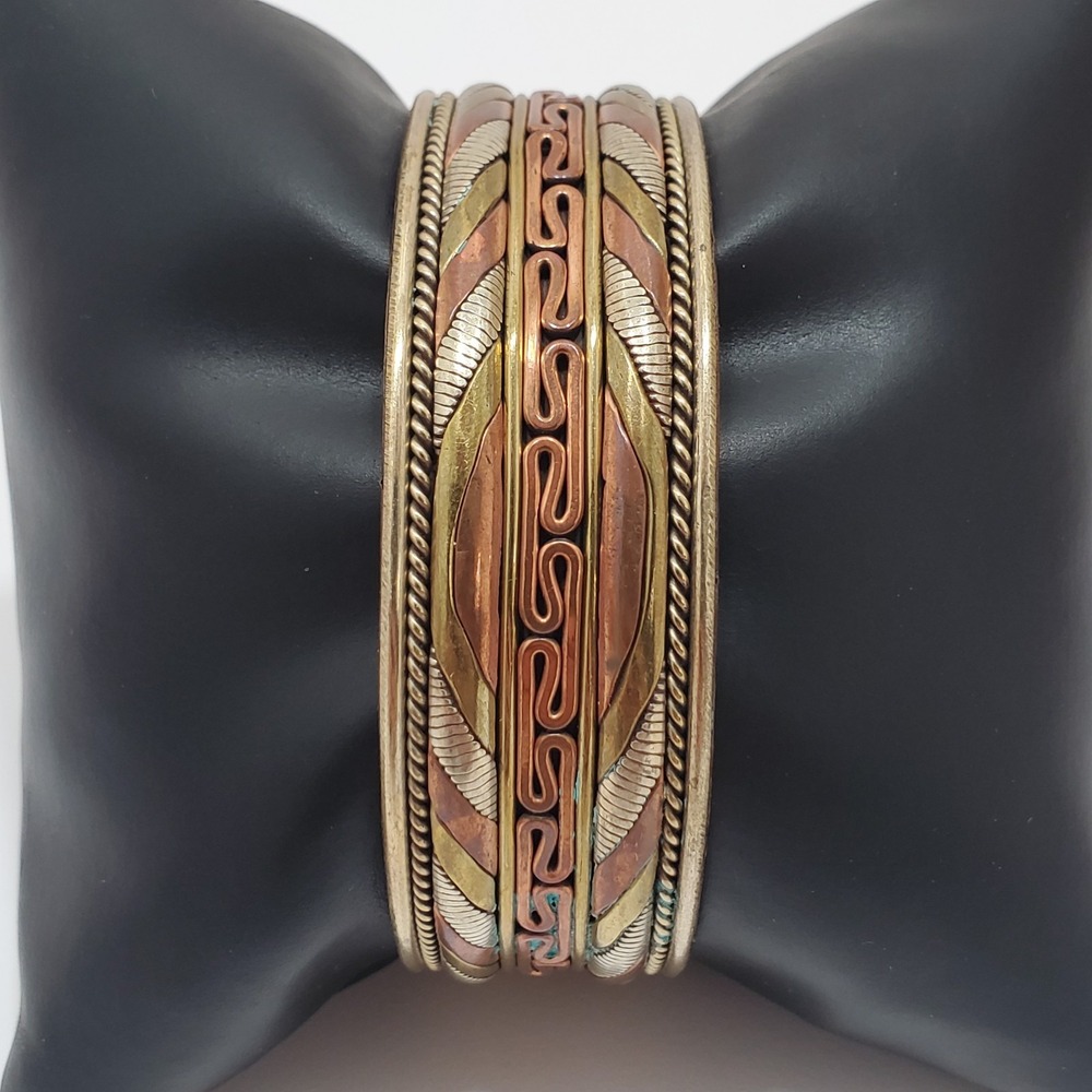 Vintage Gold/silvertone Copper Wide Cuff Bracelet Tri Color‎ Metal Ornate 7.5"